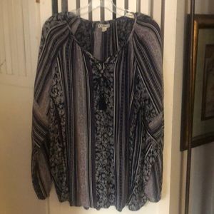 Ruff Hewn Navy Print Boho Top with Long Sleeves